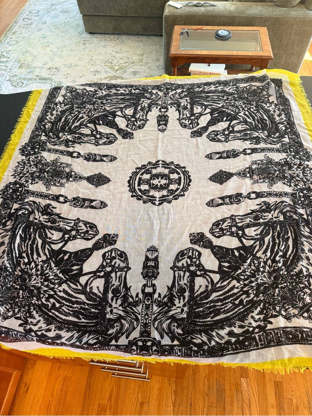 Black & White Horse Print Tapestry with Yellow Fringe